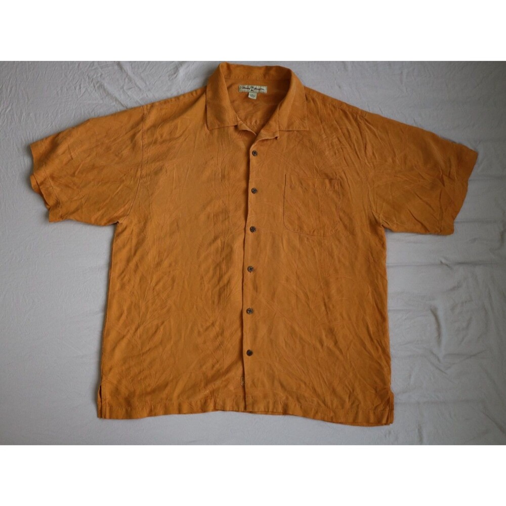Tommy Bahama 100% Silk Hawaiian Shirt Mens XL Orange Tonal Floral Jacquard Camp
